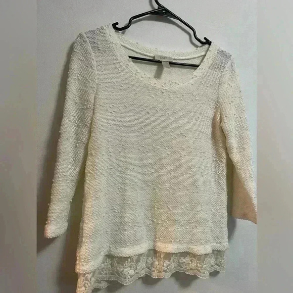 LOFT - Women’s Cream Lightweight Popcorn Knit Layer Lace Top - Size S - Picture 4 of 5